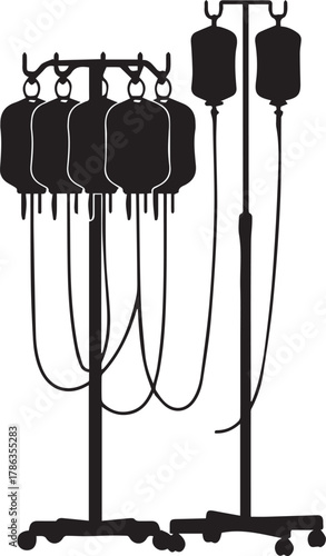Silhouette of multiple iv drip bags and stands in a medical setting