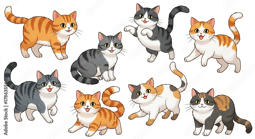 Fototapeta premium A collection of cute cartoon cats in various poses and colors, isolated on a white background