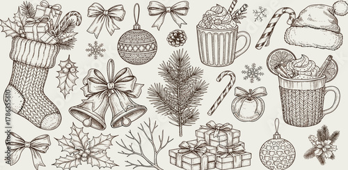 A curated collection of hand-drawn vintage Christmas illustrations, featuring festive symbols like stockings, gifts, and warm holiday drinks