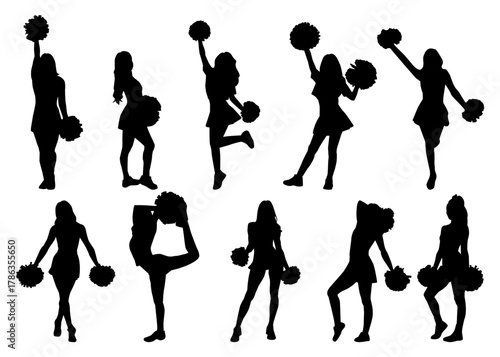 Cheerleader silhouette vector set with dynamic pom-pom poses. Vector illustration