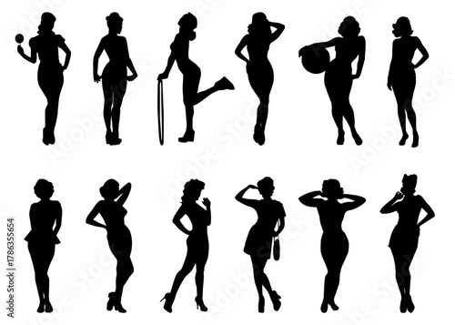 Pin-up female silhouette vector set with stylish vintage poses.. Vector illustration