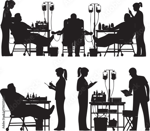 Medical care silhouette collection showing blood donation and intravenous therapy scenes