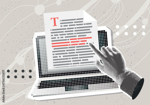 Trendy Halftone Collage Online education, creative writing and storytelling, distant learning. Template for banner, poster, social media and ads. Vector illustration. Contemporary art. Vector