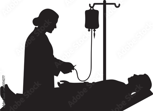 Medical professional administering iv drip treatment to patient lying down silhouette