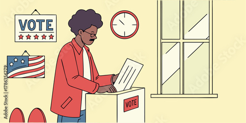 Man casting ballot at polling station, exercising his right to vote for democracy in election