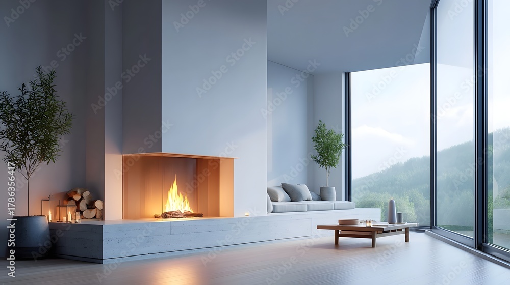 Naklejka premium Contemporary interior design showcases a bright living space with a warm fireplace comfortable seating and expansive floor to ceiling framing a tranquil mountainous landscape