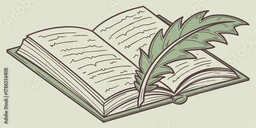 Open book with feather quill evokes vintage writing and literary creativity ready for educational design
