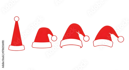 Four red santa hats with white trim isolated on transparent background