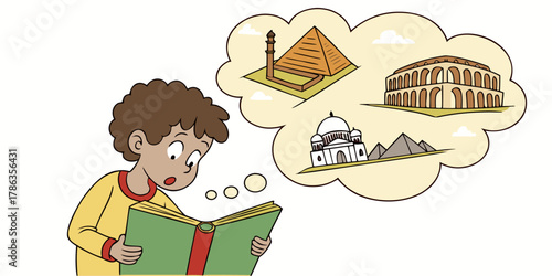 Boy reading book and dreaming of pyramids, Taj Mahal, and Colosseum adventures in distant lands
