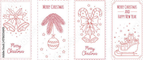 Collection of four festive Christmas and New Year greeting card designs in a minimal line art style with holiday symbols