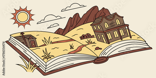 Open book revealing an old western town under a bright sun, inviting storytelling and imagination adventure