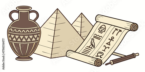 Explore ancient Egypt with pyramids, decorative vase, and papyrus scroll featuring hieroglyphs