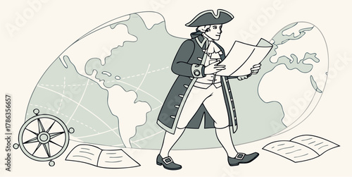Historical explorer charting new territories with compass and world map illustration artwork vector