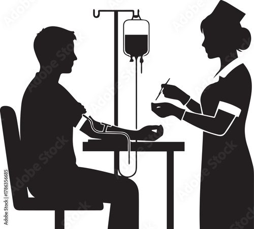 Nurse administering iv drip to patient silhouette hospital medical care scene