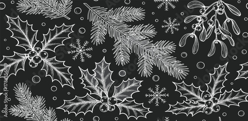 Chalkboard Christmas Decorations A Festive Pattern of Holly, Pine, and Snowflakes
