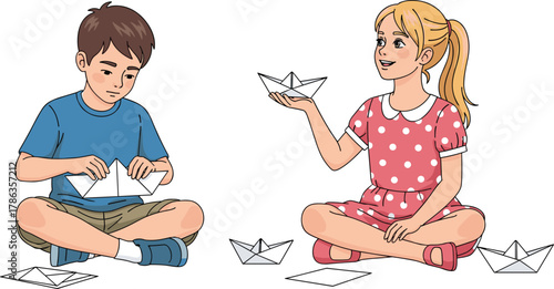 Two happy children making traditional origami paper boats together, sitting on the floor, focusing on folding craft hobby activity, leisure time.