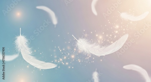 Soft white feathers drift through a gradient sky of soft blue and peach, illuminated by sparkling golden lights.