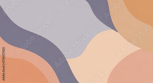 Abstract composition with smooth, overlapping curves in muted pastel colors of lavender, peach, and beige.