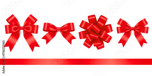 Collection of various red ribbon bows and a long satin strip