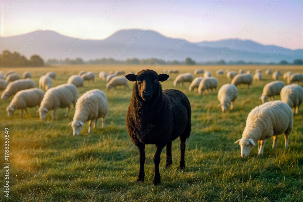 Fototapeta premium Be unique, be you: A striking black sheep stands out among a flock of white sheep grazing in a serene, sunlit pasture with mountains on the horizon.