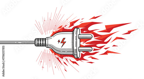 Powerful electric plug generating red flames and energetic light rays, symbolizing high voltage or intense power.