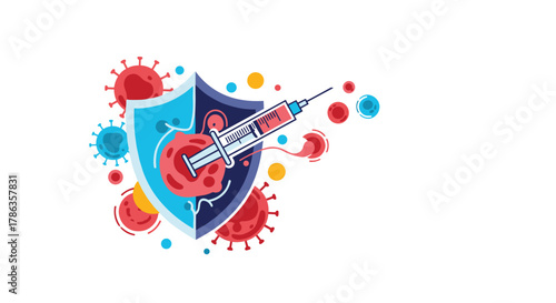 Immunity concept depicting a shield being injected by a syringe, offering protection against surrounding virus particles.