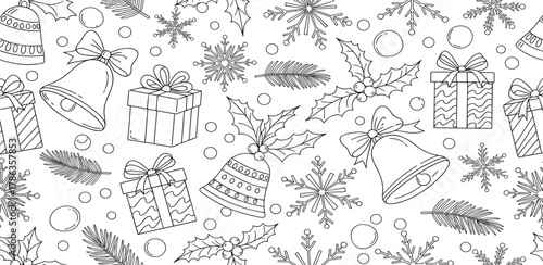 Festive Winter Black and White Christmas Pattern with Bells, Gifts, and Snowflakes