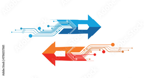 Digital data flow depicted by two horizontal arrows, one blue and one orange, composed of circuit board patterns.
