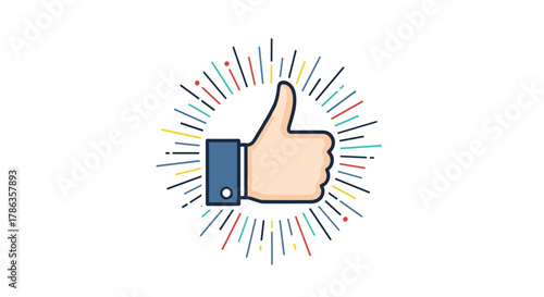 Thumbs up gesture surrounded by a burst of colorful radiating lines, symbolizing approval, positivity, and celebration.