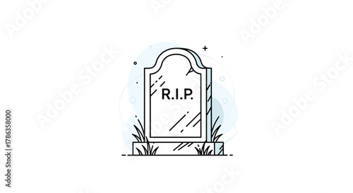 Solemn gravestone illustration with "R.I.P." inscription, surrounded by grass, symbolizing remembrance and loss.