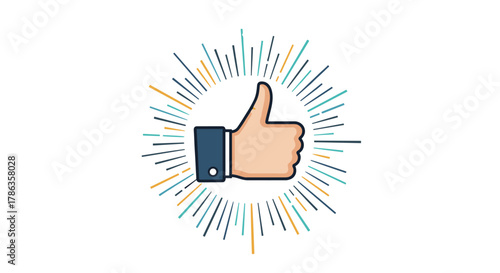 Thumbs up gesture with radiating colorful lines, symbolizing strong approval, positive feedback, and enthusiastic support.