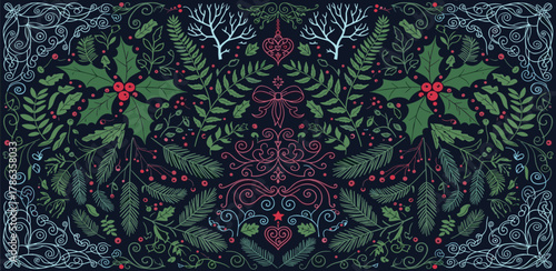 Intricate Christmas Ornament Design with Festive Holly, Pine Needles, and Berries, Evoking a Winter Wonderland Feel