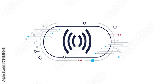 Wireless connection symbol encased in an oval shape, surrounded by abstract lines and dots, indicating data transmission.