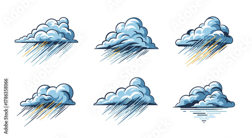Various weather conditions illustrated through six distinct cloud designs, some showing rain, others with rain and sun rays.