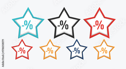 Star-shaped discount tags with "-%" text inside, available in various colors and sizes for promotional offers.