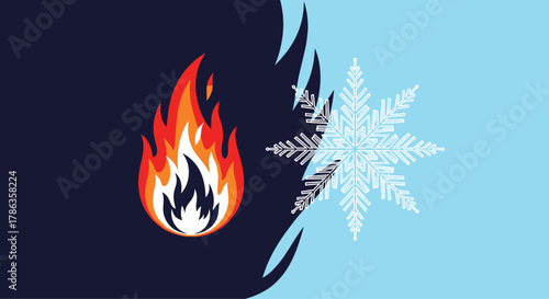 Visual representation of extreme contrast, featuring a vibrant fire on a dark background and a snowflake on light blue.