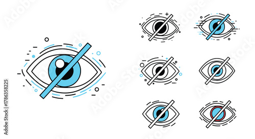 Set of crossed-out eye icons in various styles, symbolizing invisibility, hidden content, privacy, or blocked vision.