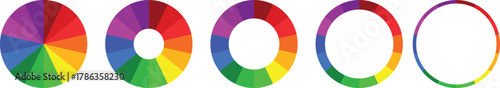 “Vibrant color wheel gradients showing full spectrum circle designs. Modern rainbow palette rings with smooth transition hues. Artistic color theory concept for design inspiration.”