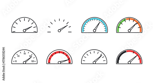 Comprehensive collection of gauge and speedometer icons in various styles and colors, representing speed or performance.