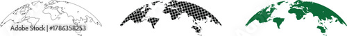 “Global world map silhouettes in curved hemisphere view. Minimalist earth globe icons in outline, grid, and solid styles. Modern geography design for business and education.”