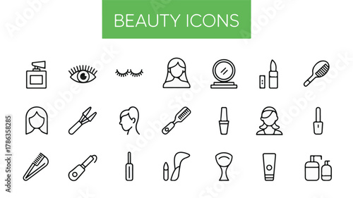 Minimalist line art beauty icons with cosmetic and hair care items makeup