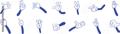 “Cartoon hand gesture collection with blue sleeves showing various signs. Fun expressive vector design for animation, stickers, or comics. Perfect for creative projects and illustrations.”