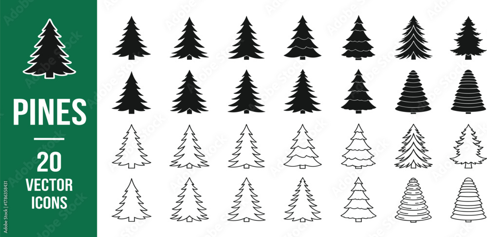 Fototapeta premium Set of twenty pine, fir, and spruce tree icons. Simple black silhouette and line art vector graphics for nature and holiday designs