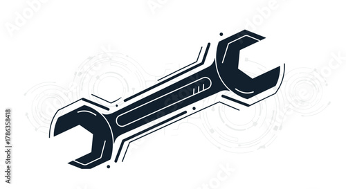 Large wrench with intricate internal details and circuit board patterns, representing advanced engineering or tech support.