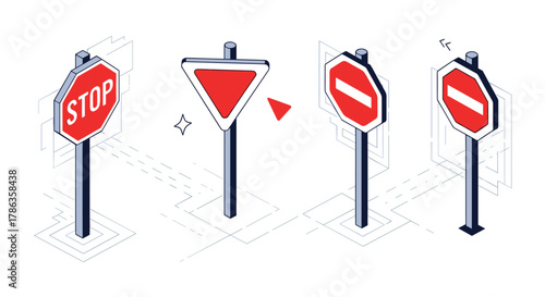 Collection of isometric 3D-style stop and yield signs, featuring octagonal stop, triangular yield, and no entry symbols.