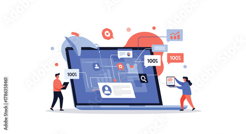 Two individuals interacting with a large laptop, displaying interconnected user profiles, chat bubbles, and data analytics.