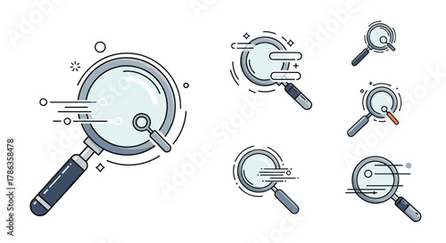 Extensive collection of magnifying glass icons in various styles, some with speed lines, representing search or analysis.
