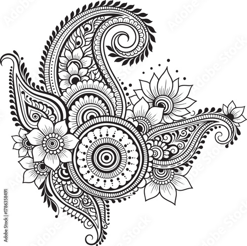 Ornate Mehndi and Paisley Design Element Line Art