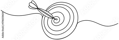 Dart with target circle continuous line drawing. Vector illustration isolated on white.