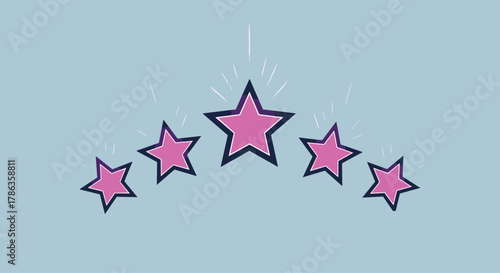 Five vibrant pink stars arranged in an arc with radiating lines, suggesting premium quality or a high rating.